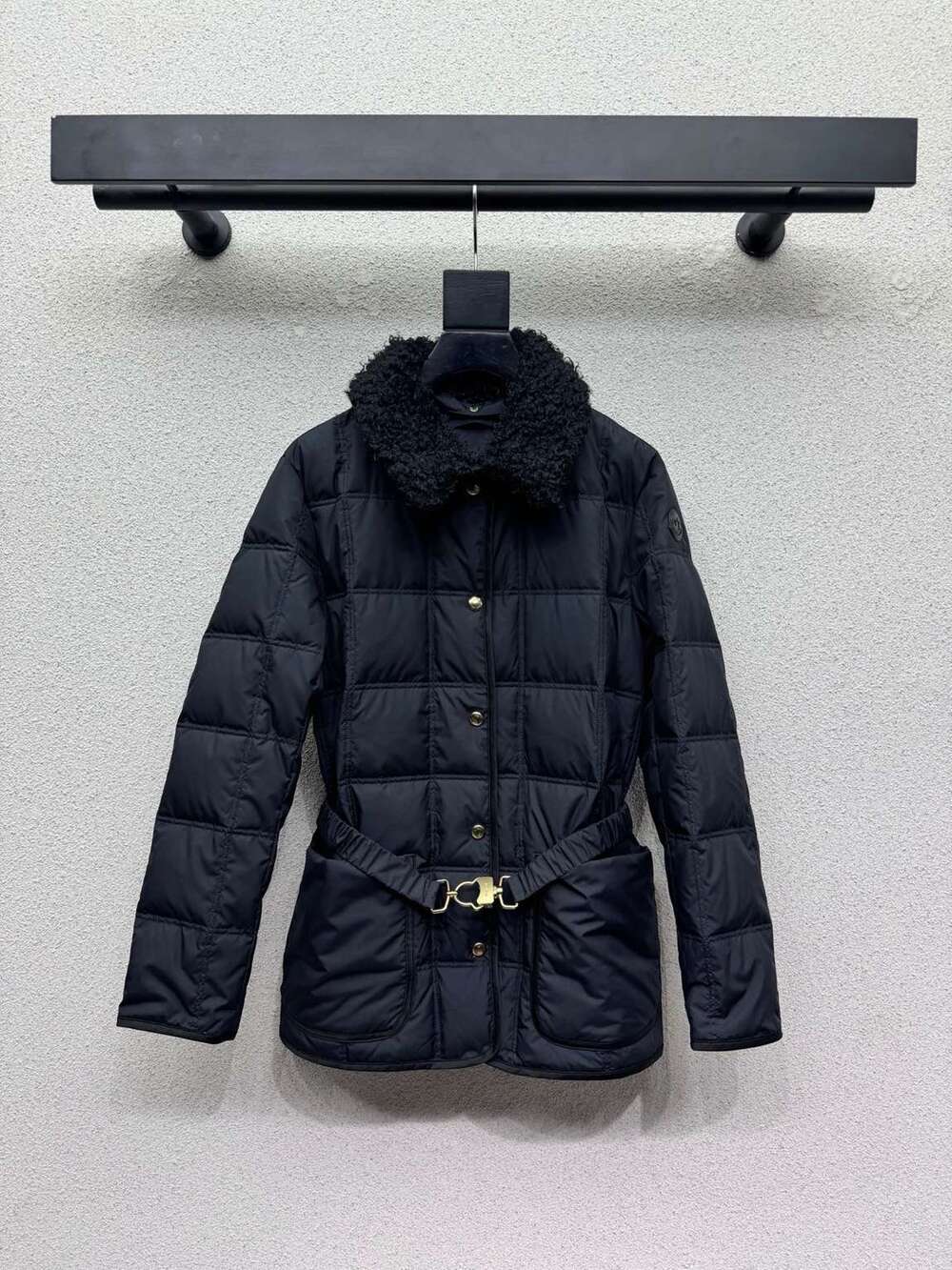 Moncler Belted Shearling Collar Quilted Down Jacket Black